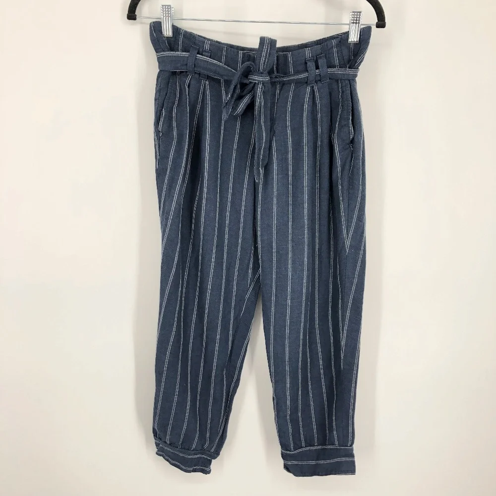 Banana Republic‎ Womens Avery Linen Crop Pant Size 0 Tie Waist Blue Stripe Coast